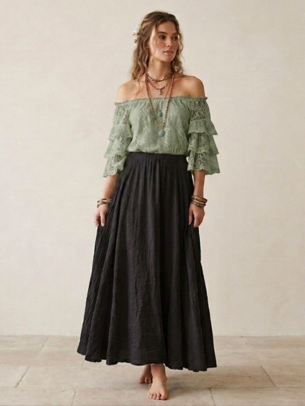OCHENTA 100% Cotton Gauze Crinkle Flared Maxi Peasant Skirt Black Size M/L